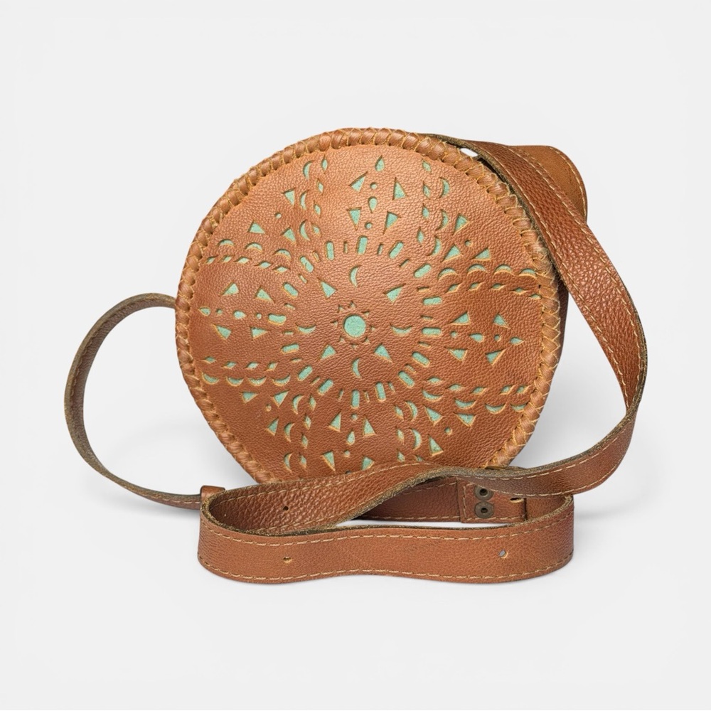 Stela 9 Tooled Leather Round Crossbody Bag Brown Boho Western
